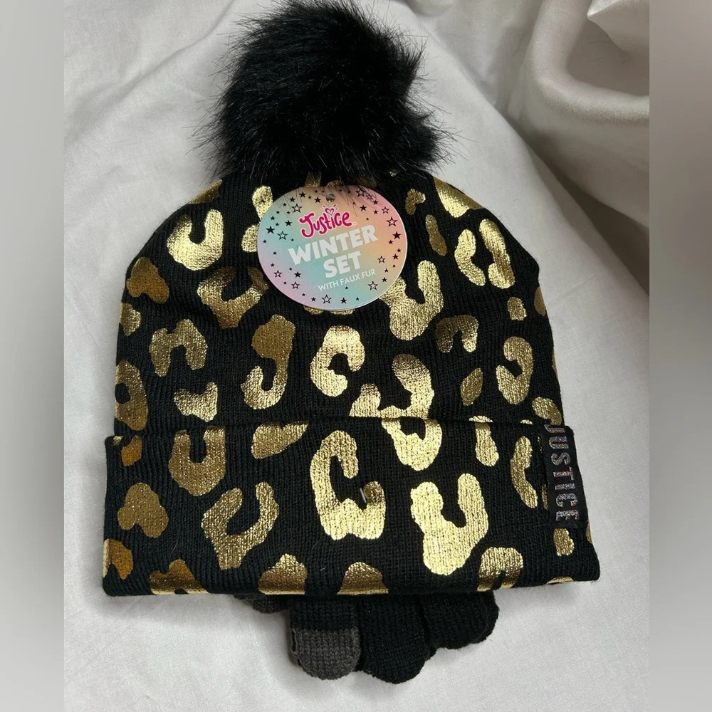 Justice girls hat/gloves set black/ gold foil‎